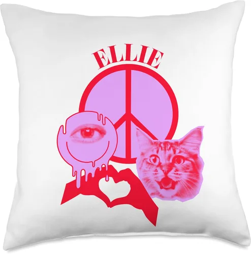 Vista 4 de Ellie Name Personalized Peace and Karma Co. Personalized Ellie First Name I Love Retro Cat Mom Throw Pillow, 16x16, Multicolor