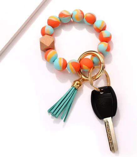 Vista 3 de Llavero de silicona, pulsera con cuentas, portátil, para llaves de la casa, del auto, con anillo