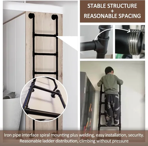 Vista 5 de Metal Twin Bed Bunk Ladder for Loft Dorm, Wall Mounted Home Attic High Bed Step Ladders Climbing Ladder 49"/51"/55"/65", Black Wrought Iron Window