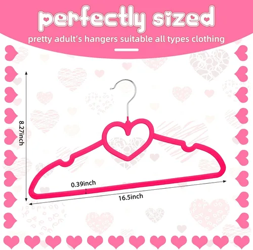Vista 2 de Qunclay 50 piezas de perchas de terciopelo rosa brillante con forma de corazón, perchas antideslizantes de fieltro para ropa, percha de corazón