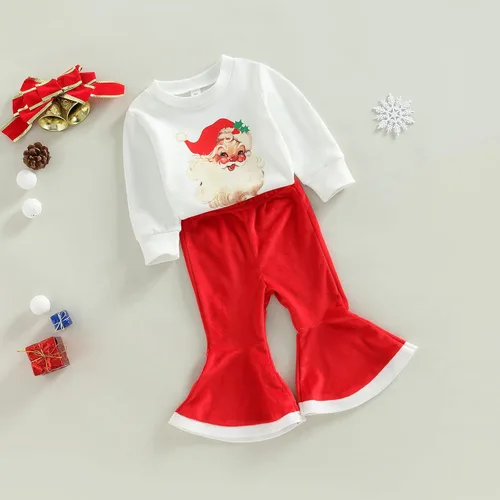 Vista 30 de Gueuusu Conjunto de ropa de manga larga para bebé niña con texto en inglés "My 1st Christmas", sudadera de manga larga con pantalones acanalados