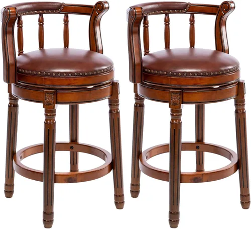 Vista 12 de RAINMOOD Juego de 2 taburetes de bar, taburete tapizado de cuero de grano completo, silla de bar negra con respaldo, patas de madera maciza