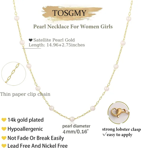 Vista 5 de TOSGMY Collares de perlas para mujer, gargantilla de perlas chapadas en oro de 14 quilates, collar de perlas de imitación hecho a mano, collar