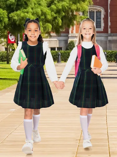 Vista 4 de Neer Juego de 4 piezas de disfraz de uniforme escolar a cuadros, uniforme escolar, a cuadros, con lazo, coletero, calcetín blanco hasta la rodilla