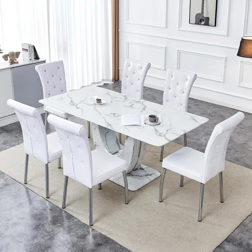 Vista 33 de Moderno juego de mesa de comedor de mármol sintético para 4, mesa de cocina rectangular blanca de 63 pulgadas con elegante base de pedestal