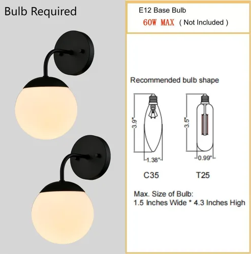 Vista 5 de Juego de 2 apliques de pared negros de estilo nórdico moderno con forma de globo lechoso para tocador de baño