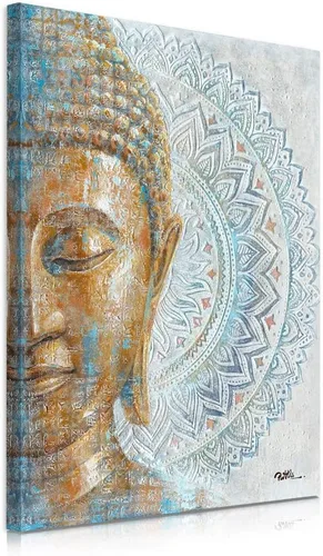 Vista 2 de Lienzo de Buda dorado para la pared: 3D texturizado mandala flor flor Buddha pintura Zen impresión en azul para yoga, meditación, sala de Buda
