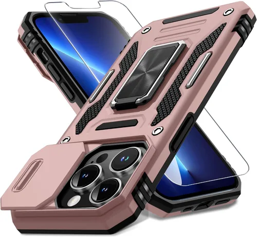 Vista 361 de DEERLAMN Funda para iPhone Xs Max con funda deslizante para cámara + protector de pantalla, soporte giratorio de anillo de grado militar a prueba