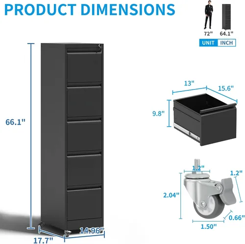 Vista 3 de Archivador de 5 cajones con cerradura, archivadores de metal sobre ruedas, cajones verticales de acero para oficina, almacenamiento para colgar