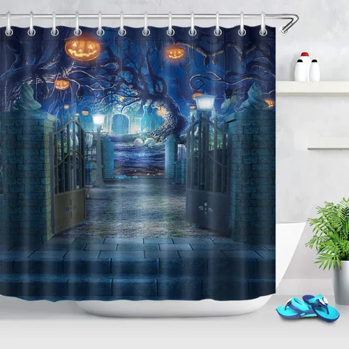 Vista 20 de LB Cortina de ducha de Halloween, cementerio de terror, fantasma, gatos negros en árbol, calabaza, cortinas de ducha para baño con ganchos, 60 x 72
