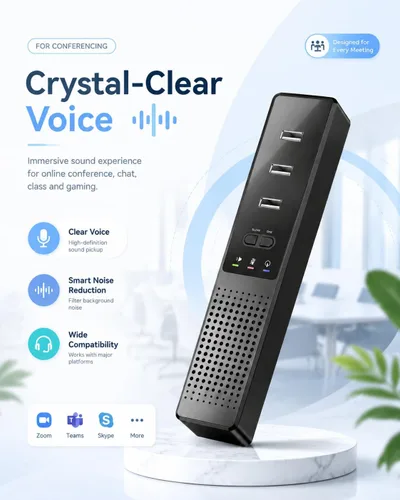 Vista 3 de Altavoz de computadora USB 3 en 1 con micrófono, altavoz de conferencia para PC, portátil y de escritorio con micrófono para hogar inteligente