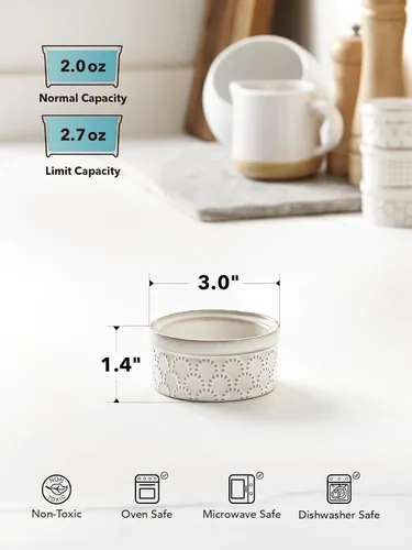 Vista 3 de LE TAUCI Ramekins 2 oz Oven Safe for Creme Brulee, Charcuterie Boards Bowls for Souffle, Small Sauce Bowl, Ceramic Baking Dishes - 3 inch, Set of 4