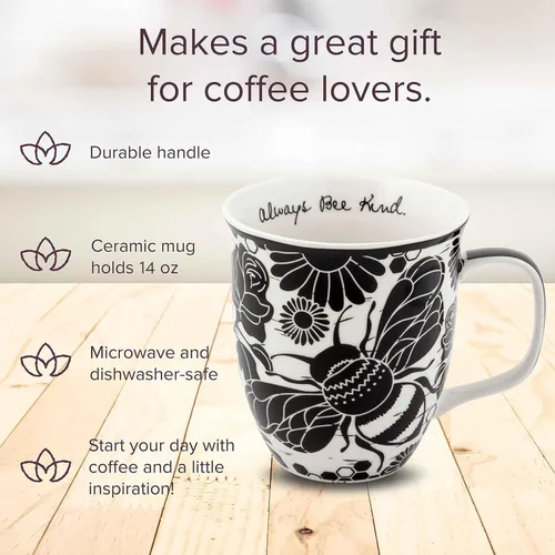 Vista 2 de Karma Gifts - Taza bohemia de 16 onzas, color blanco y negro, diseño de abeja, bonita taza de café y té, tazas de café de cerámica para mujeres