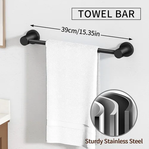 Vista 2 de STWWO Juego de 4 piezas de accesorios de baño, color negro, juego de toalleros de acero inoxidable de 16 pulgadas, toalleros para baño montado