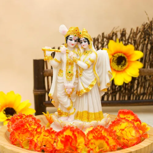 Vista 2 de alikiki Estatua de ídolos hindúes de Radha Krishna, 5.7 pulgadas de alto, aspecto de mármol, escultura de dios indio Krishna Radha para Diwali Puja