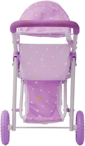 Vista 8 de Olivia's Little World Cochecito de Muñeca Bebé estilo jogging con toldo, cinturón de seguridad y espacio de almacenamiento, morado y blanco