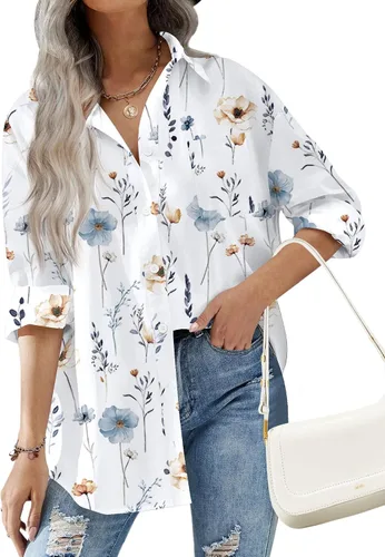 Vista 8 de HOTOUCH Camisas de gran tamaño con botones para mujer, blusa de hombro caída para oficina, de manga larga, estilo novio, camisa de vestir