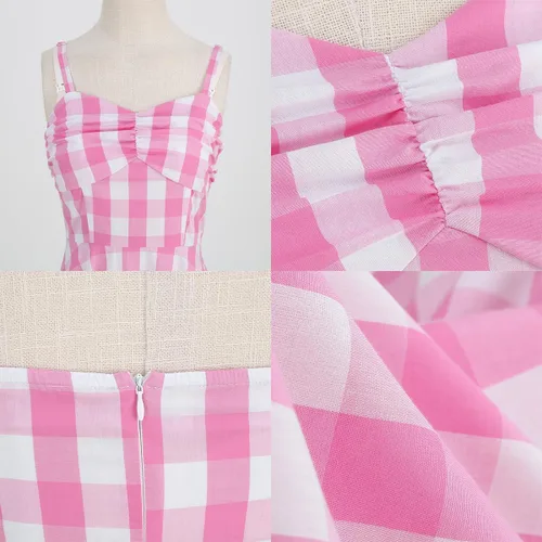 Vista 4 de Vestido a cuadros rosa de los años 50 para mujer, disfraz de Halloween Pin Up Rockabilly para cosplay, vestidos de fiesta vintage Rockabilly