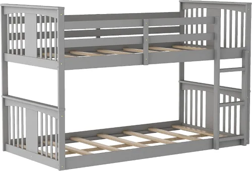 Vista 8 de Litera de suelo individual sobre individual, litera baja de madera con escalera, para niños y niñas (gris)