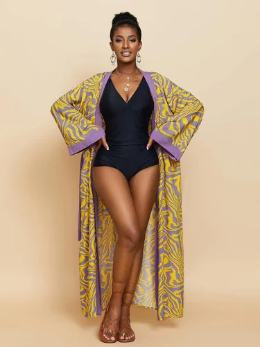 Vista 2 de RanRui Kimono de playa con estampado de cebra amarilla, holgado, frente abierto, bata de algodón, bata de traje de baño para mujer, bata de plumero