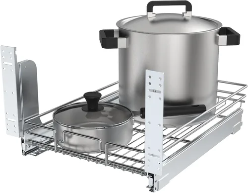 Vista 3 de Organizador de gabinete extraíble, estante deslizante de metal resistente para armarios de cocina, cromo, no incluye accesorios de puerta