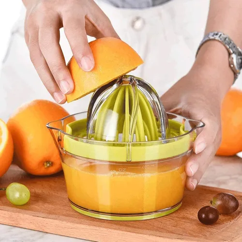 Vista 4 de Drizom Exprimidor manual de limón y naranja con taza de medición integrada y rallador, 12 onzas, verde