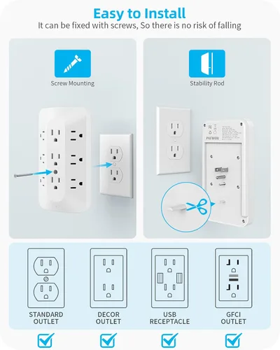 Vista 3 de Extensor de 9 salidas de CA, toma de pared de enchufe múltiple con USB C Plug Adapter with USB Wall Charger (2 USB-C Ports), Surge Protector Power