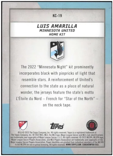 Vista 2 de 2023 Topps MLS Kitcore #KC-19 Luis Amarilla Minnesota United - Tarjeta oficial de fútbol en estado crudo (NM o mejor)