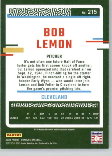 Vista 2 de 2023 Donruss #215 Bob Lemon Cleveland Indians Baseball Trading Card from Panini in Raw (NM or Better) Condition
