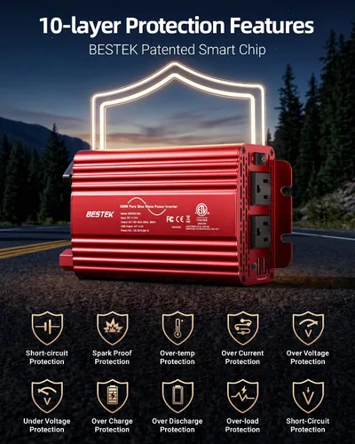 Vista 11 de BESTEK Inversor de Corriente de Onda Sinusoidal Pura de 300 Vatios - Adaptador Inversor de Enchufe de Automóvil de CC 12V a CA 110V, Convertidor