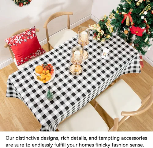 Vista 8 de Mantel de plástico a cuadros blancos y negros de 60 x 84 pulgadas con reverso de franela - Mantel impermeable para fiestas