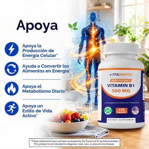 Vista 6 de Vitamina B1 500 mg (mononitrato de tiamina), 120 cápsulas (paquete de 2) High Potency B1, Supports Nervous System Health and Energy Metabolism*