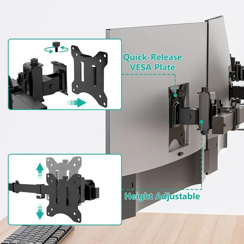 Vista 4 de WALI Soporte de pared triple para monitor de 17 a 32 pulgadas, brazo de monitor de computadora para 3 pantallas, soporte de pared giratorio