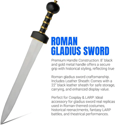Vista 3 de Szco Supplies Espada de batalla de Gladius romana de 28 pulgadas con vaina de cuero, negro/dorado
