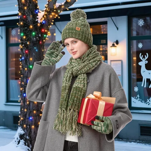 Vista 6 de Conjunto de gorro de invierno cálido para mujer con guantes de pantalla táctil, bufanda larga con diseño de pompón, gorra de calavera forrada