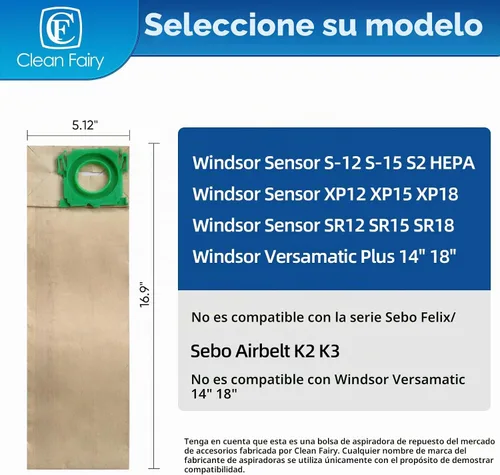 Vista 2 de Paquete de 20 bolsas de filtro de vacío compatibles con sensor Windsor S12 S15 XP12 XP15 XP18 SR12 SR15 SR18 Versamatic Plus y Sebo C G & X series