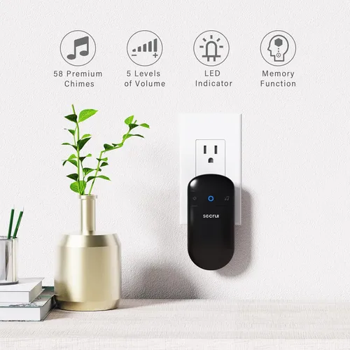 Vista 2 de SECRUI Timbre inalámbrico para puerta delantera, funciona con pilas, con 52 campanillas, luces flash, 5 niveles de volumen, timbre moderno