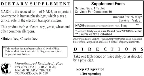 Vista 2 de NADH 5mg 60 Tabletas - Paquete de 2 - Fórmulas Ecológicas/Investigación Cardiovascular