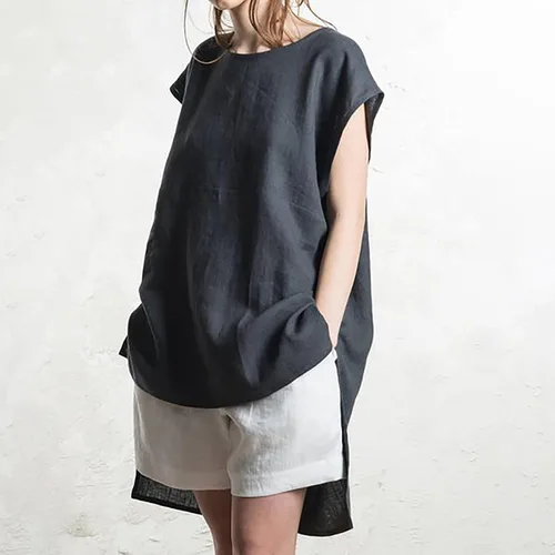 Vista 6 de Camisas de talla grande para mujer, de algodón, lino, sueltas, manga casquillo, cuello redondo, dobladillo irregular, blusas sin botones
