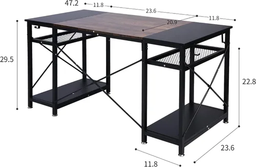 Vista 3 de Escritorio de computadora para oficina en casa, escritorio de 48 pulgadas con 4 estantes de almacenamiento y ganchos, escritorio de computadora