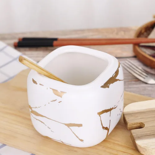 Vista 3 de VanEnjoy Recipientes de cerámica con patrón de mármol decorativo para azúcar y especias, tarro de porcelana con tapa y cuchara de bambú, recipiente