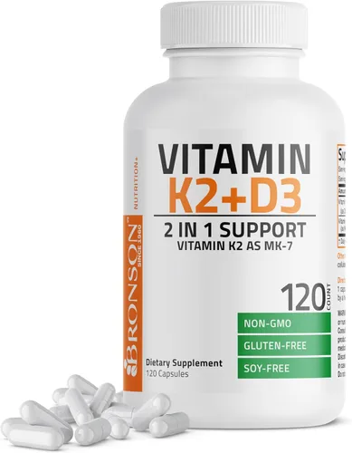Vista 10 de Bronson Suplemento de Vitamina K2 D3 (MK7) Fórmula No-GMO Vitamina D3 5000IU (125 mcg) y 90 mcg K2 MK-7, Complejo D y K Fácil de Tragar, 60 Cápsulas