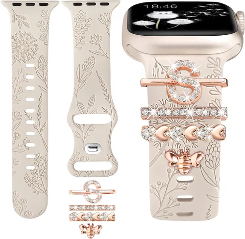 Vista 12 de Minyee Compatible con Apple Watch Banda con Encantos para Mujeres 41mm 40mm 38mm 42mm 44mm 45mm 49mm Anillos Decorativos en Forma de Flor