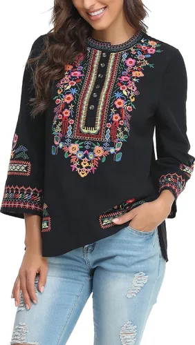 Vista 3 de YZXDORWJ Camisa bordada mexicana para mujer