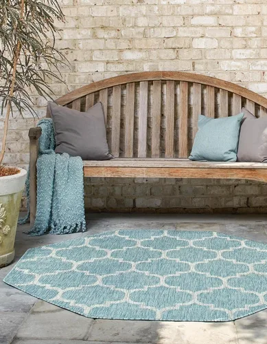 Vista 4 de Unique Loom Outdoor Trellis Collection Alfombra de Área - Enrejado (Octágono 5' 0" x 5' 0", Aguamarina/Gris)