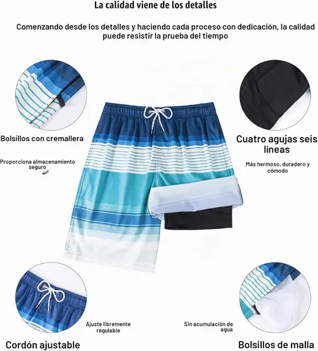 Vista 5 de Difficort - Traje de baño para hombre con forro de compresión, pantalones cortos de secado rápido con bolsillos con cremallera 1-a/ Rayas negras
