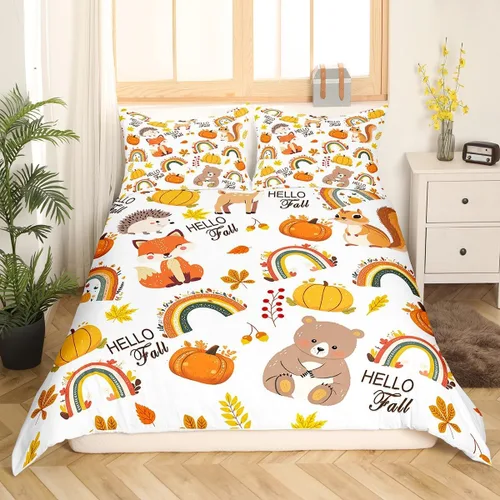 Vista 3 de Juego de funda de edredón de otoño, tamaño individual, diseño de hojas de calabaza, dibujos animados, arcoíris, zorro, oso, ciervo, para niños