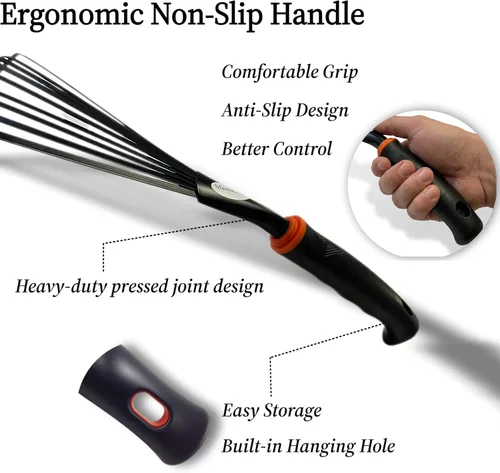 Vista 4 de Paquete de 2 rastrillos de mano pequeños para jardinería, mini rastrillo de hojas y arbustos con púas de acero duraderas, mango ergonómico