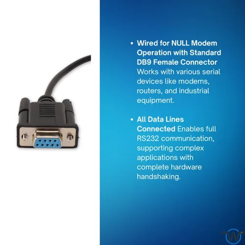 Vista 4 de Wirenest Cable de módem nulo USB a RS232 - 6 pies DB9 hembra Chipset FTDI LEDs RX/TX Conectores moldeados Todas las líneas de datos