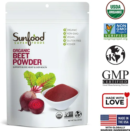 Vista 3 de Sunfood Superfoods Polvo de raíz de remolacha orgánica – Remolacha para jugos y batidos, colorante natural de alimentos para hornear, certificado